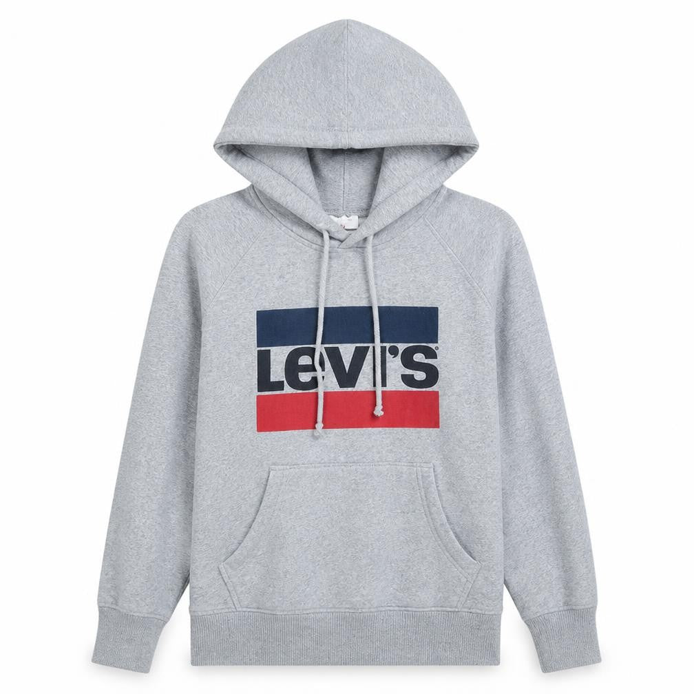Front view of Levi's women’s grey 2xs pullover hoodie logo print cotton blend
