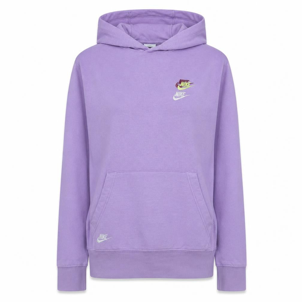 Front view of Nike women’s purple pullover hoodie medium cotton blend logo print