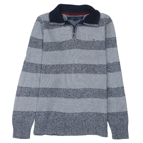Tommy Hilfiger Womens Grey Striped Cotton 1/4 Zip Jumper M