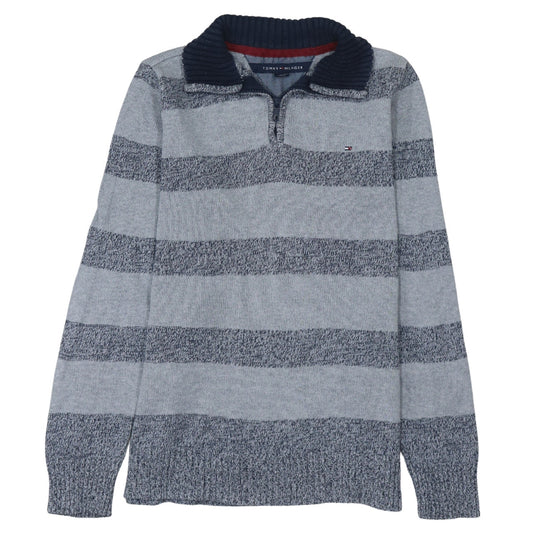 Tommy Hilfiger Womens Grey Striped Cotton 1/4 Zip Jumper M