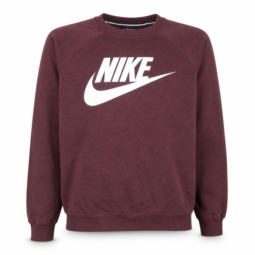 Front view of Nike men’s brown pullover sweatshirt small crew neck logo print