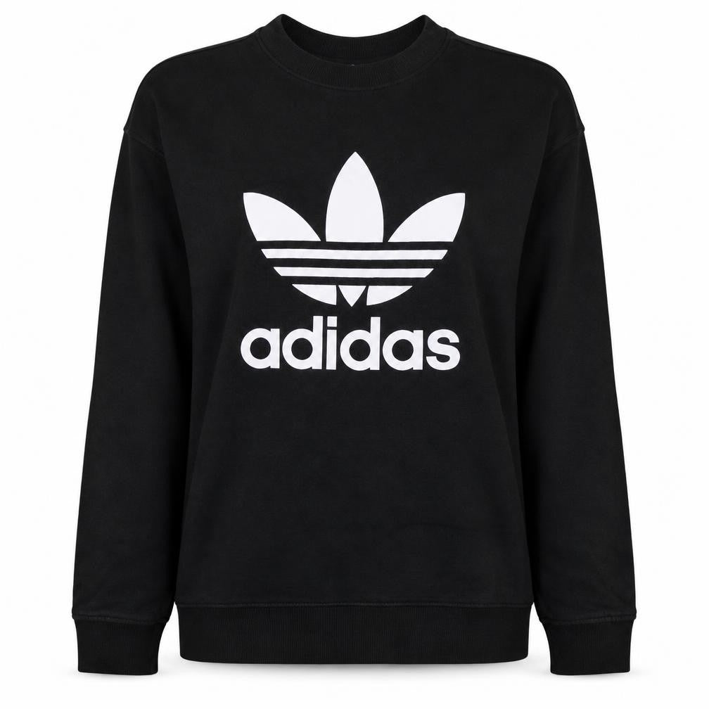 Front view of Adidas women’s black crew neck pullover sweatshirt, size UK 12