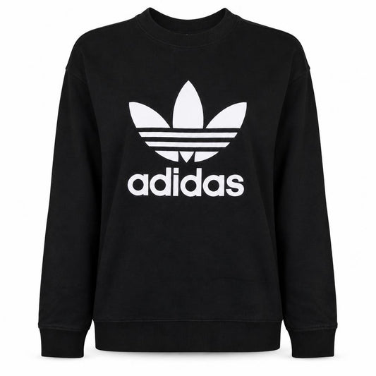 Front view of Adidas women’s black crew neck pullover sweatshirt, size UK 12