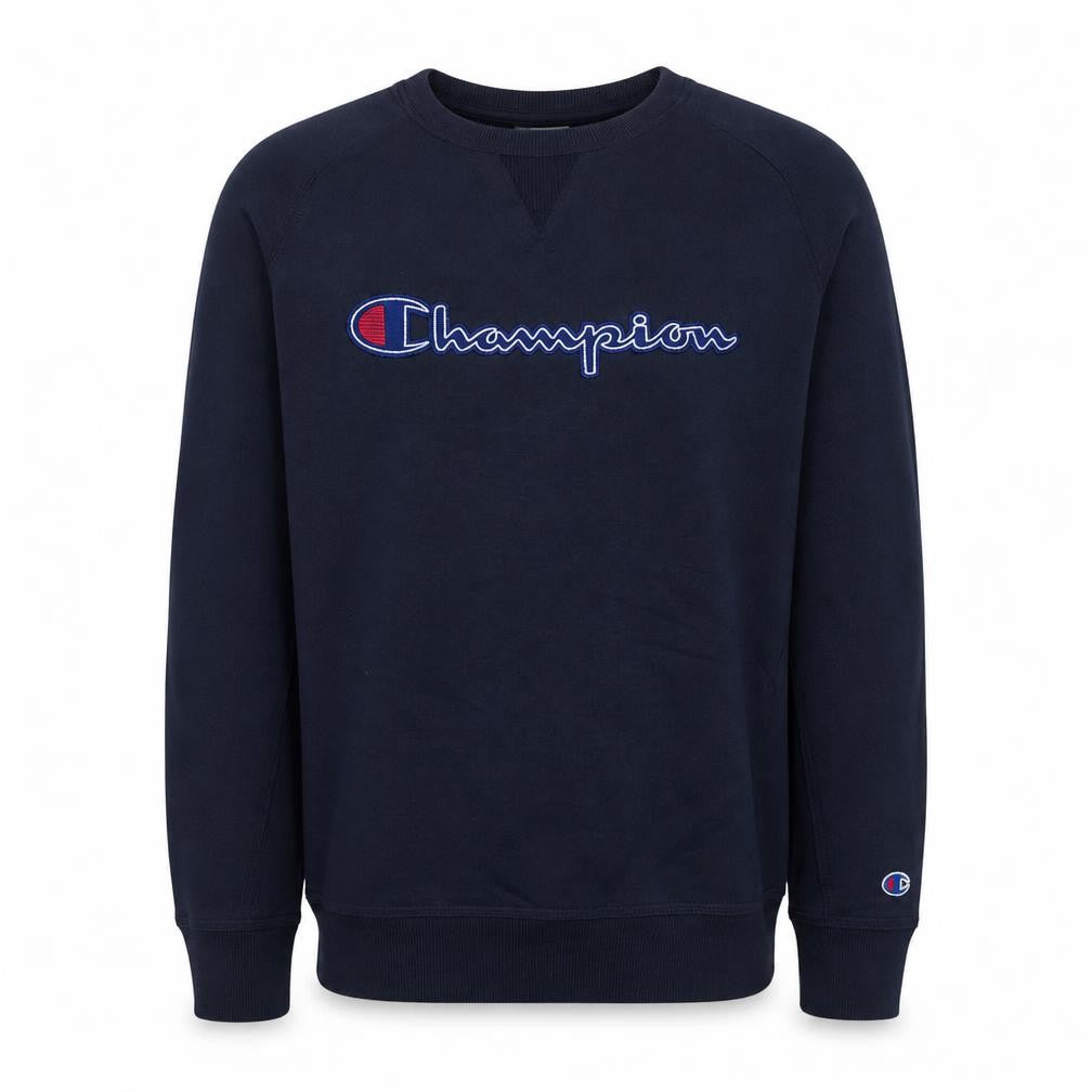 Front view of Champion Men's Blue Medium Pullover Sweatshirt Embroidered Logo