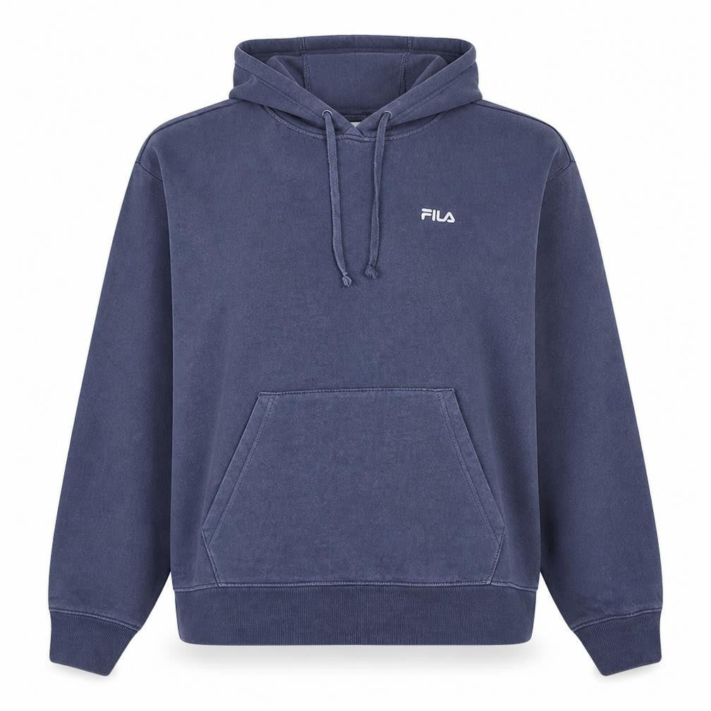 Front view of Fila women’s blue pullover hoodie medium cotton blend drawstring casual