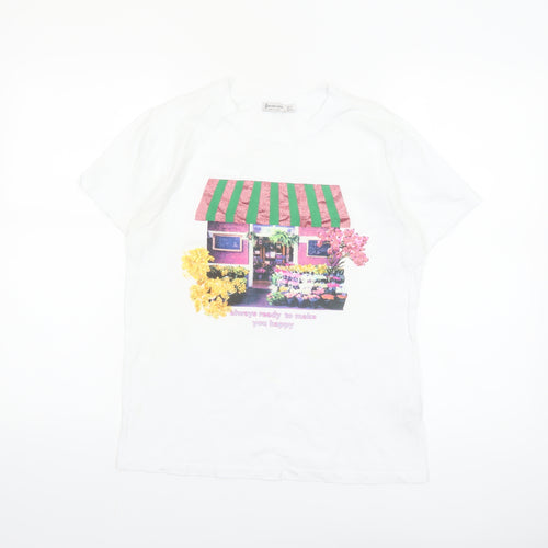Stradivarius Women White Floral Graphic T-Shirt Short Sleeve Size S