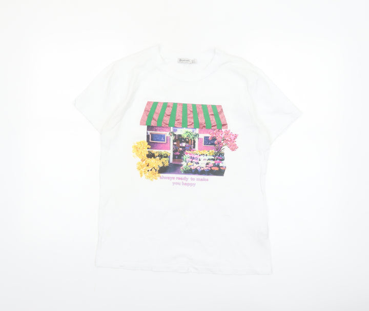 Stradivarius Women White Floral Graphic T-Shirt Short Sleeve Size S