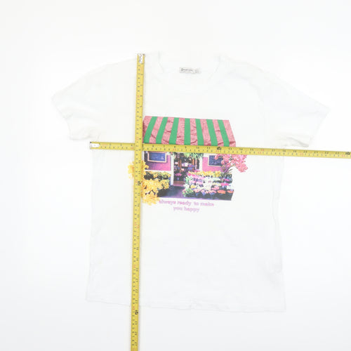 Stradivarius Women White Floral Graphic T-Shirt Short Sleeve Size S