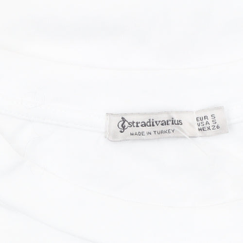 Stradivarius Women White Floral Graphic T-Shirt Short Sleeve Size S