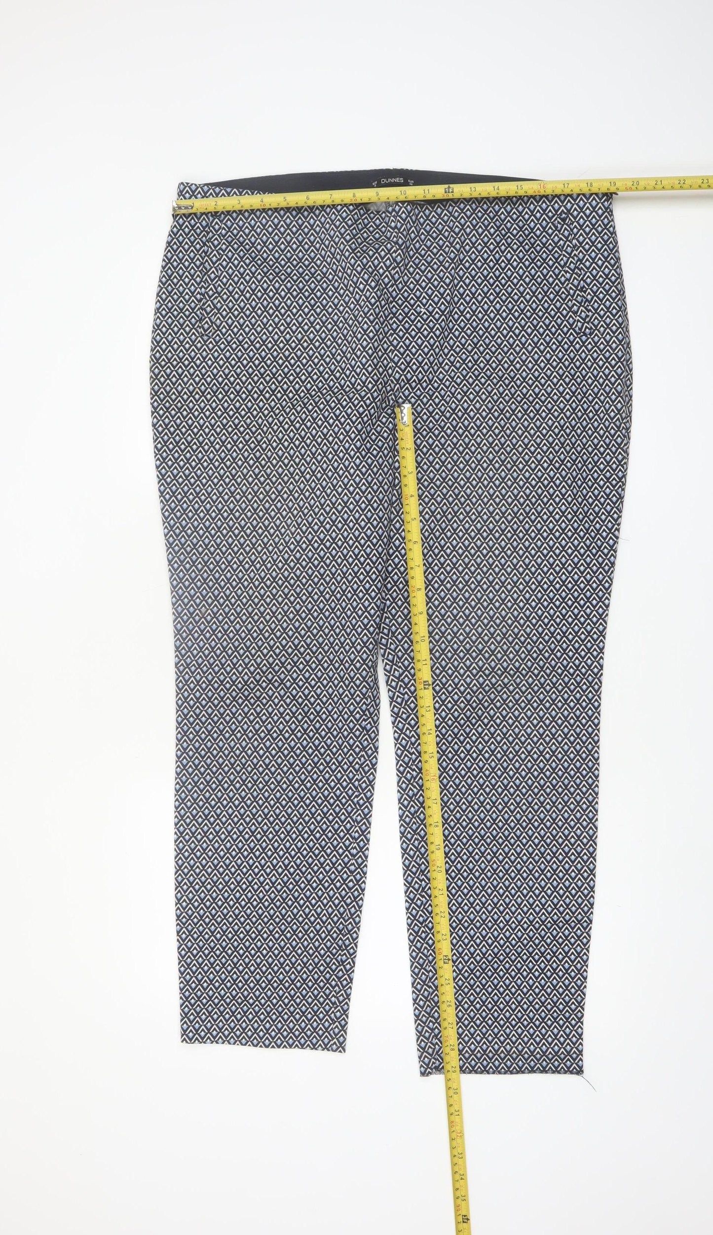 Dunnes Women's Blue Geometric Print Slim Trousers Size 18