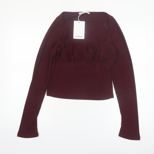 Pull&Bear Womens Red Cropped Square Neck Long Sleeve Blouse Size L