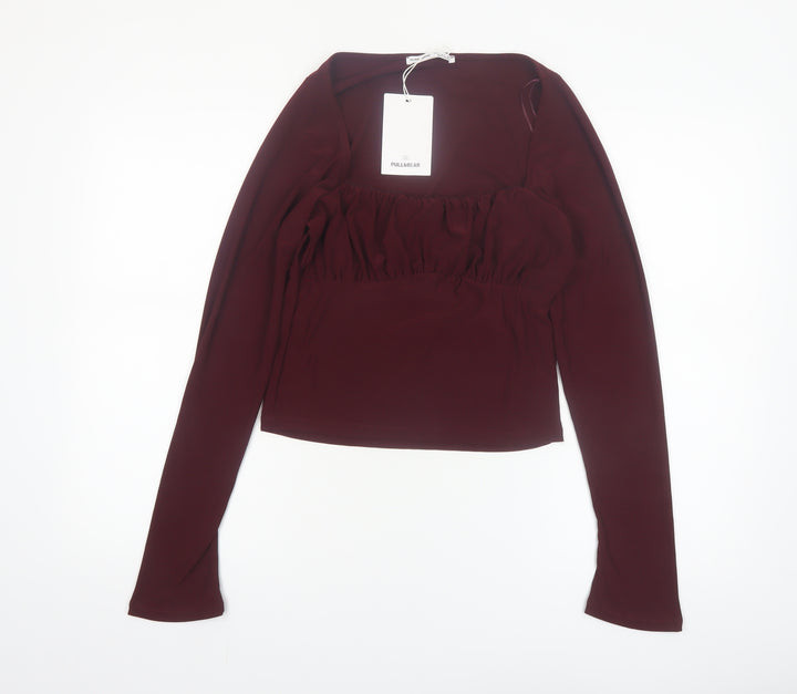 Pull&Bear Womens Red Cropped Square Neck Long Sleeve Blouse Size L