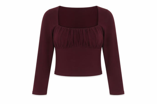 Front view of Pull&Bear women’s red cropped square neck long sleeve blouse, size L