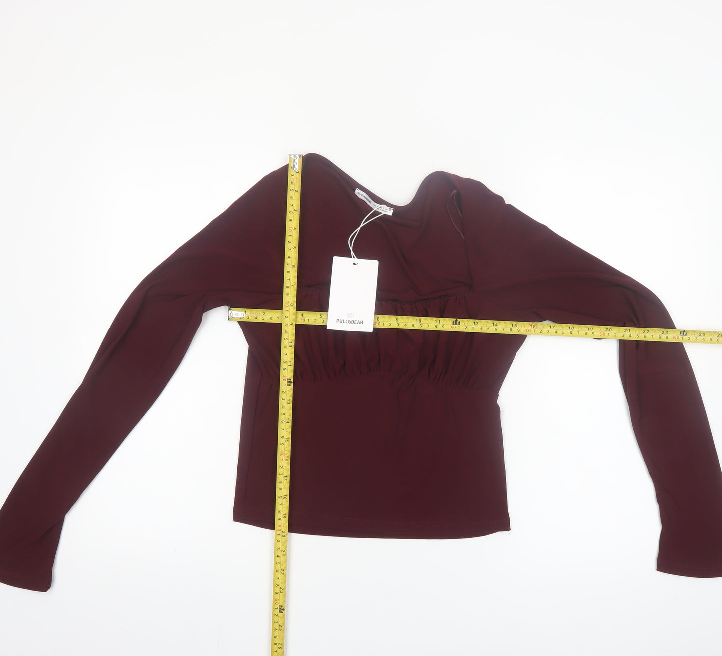 Pull&Bear Womens Red Cropped Square Neck Long Sleeve Blouse Size L