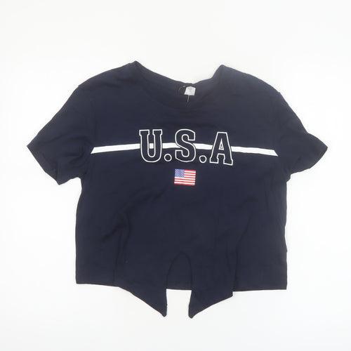 H&M Divided Women’s Blue Cropped USA Print Cotton T-Shirt Size 10