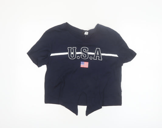 H&M Divided Women’s Blue Cropped USA Print Cotton T-Shirt Size 10