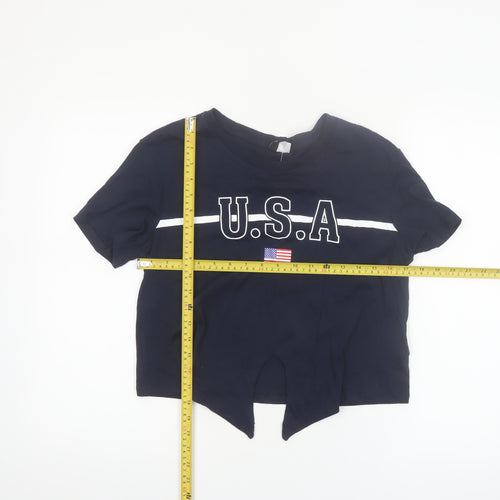 H&M Divided Women’s Blue Cropped USA Print Cotton T-Shirt Size 10