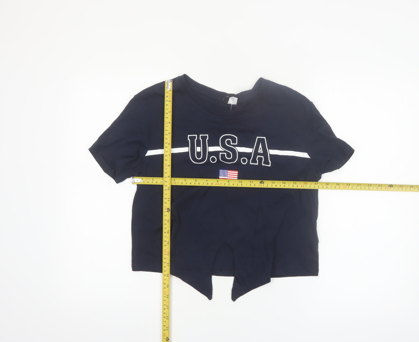 H&M Divided Women’s Blue Cropped USA Print Cotton T-Shirt Size 10