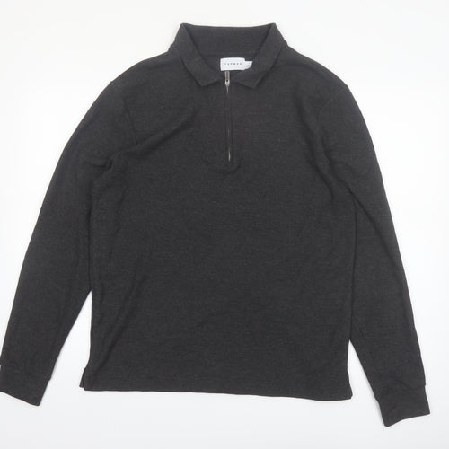 Topman Men's Grey Long Sleeve 1/4 Zip Polo Shirt Size L