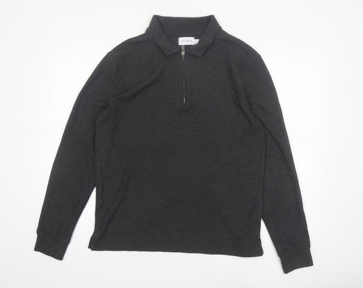 Topman Men's Grey Long Sleeve 1/4 Zip Polo Shirt Size L