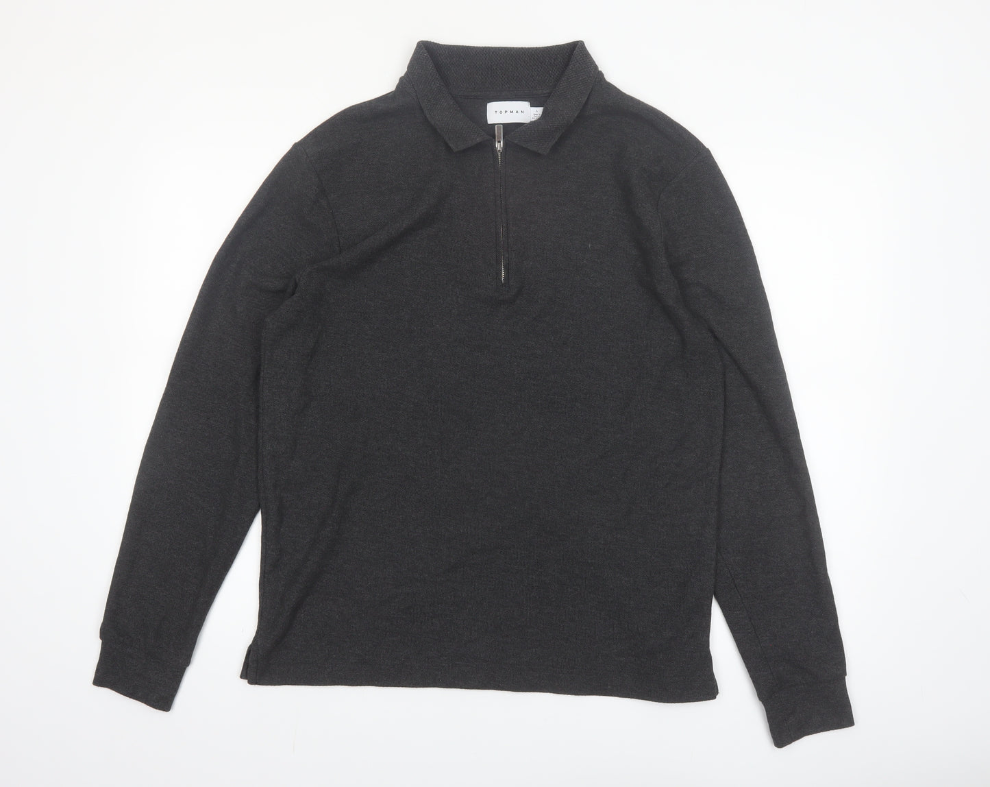 Topman Men's Grey Long Sleeve 1/4 Zip Polo Shirt Size L