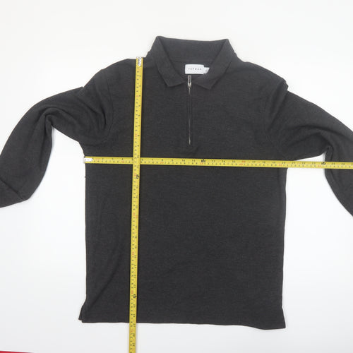 Topman Men's Grey Long Sleeve 1/4 Zip Polo Shirt Size L