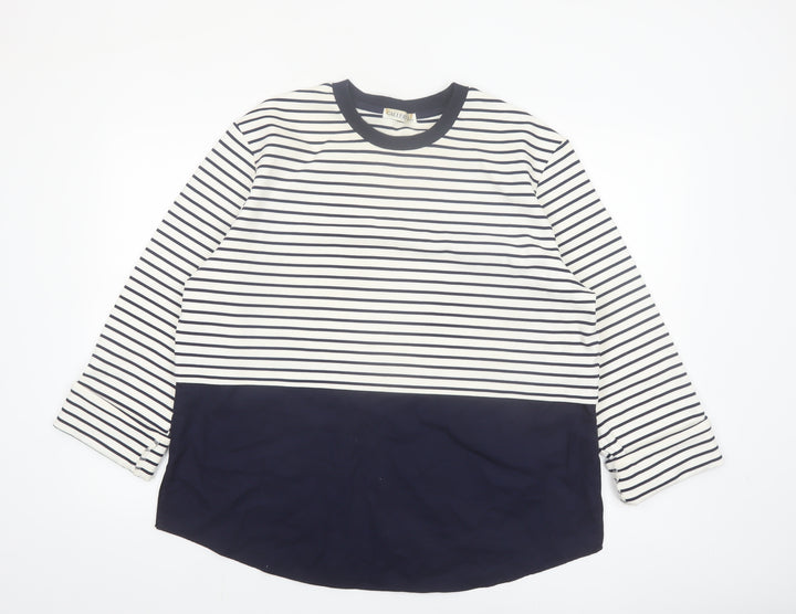 Gallery Women Blue Striped Long Sleeve Crew Neck Cotton T-Shirt Size 16