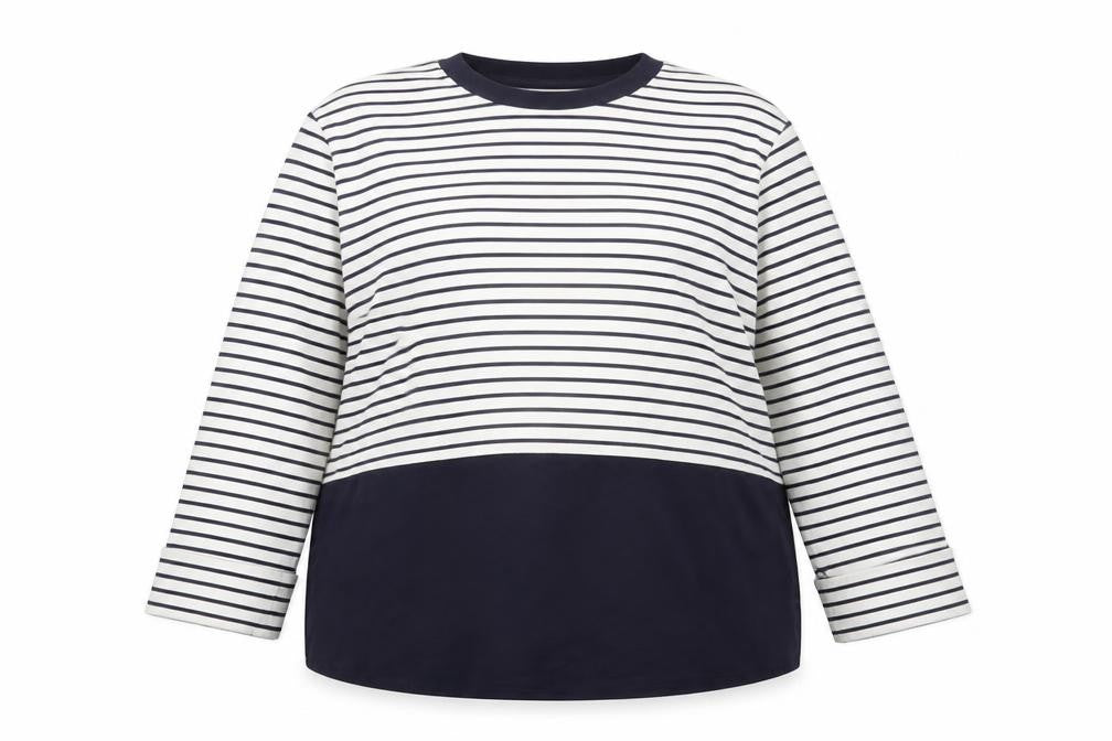 Gallery Women Blue Striped Long Sleeve Crew Neck Cotton T-Shirt Size 16