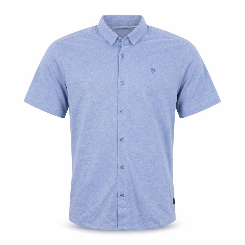 Front view of Jack & Jones Men's Blue Short Sleeve Regular Fit Button-Up Shirt, size S