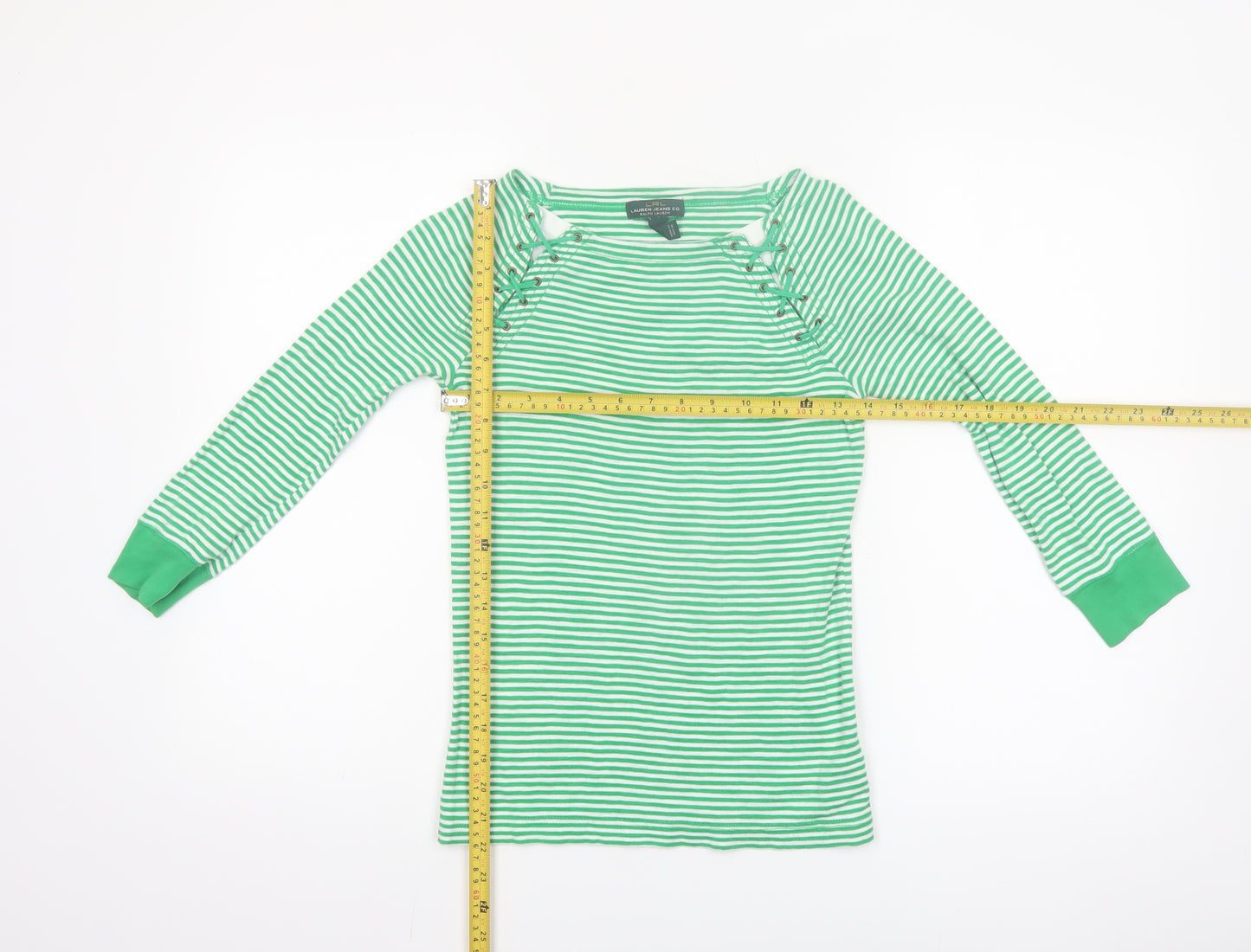 Ralph Lauren LRL Women's Green White Striped Cotton Long Sleeve Top XS