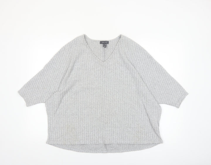 New Look Women's Grey Knit V-Neck Tunic Top S/M Relaxed Fit