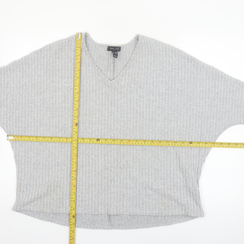 New Look Women's Grey Knit V-Neck Tunic Top S/M Relaxed Fit