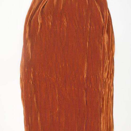Boohoo Women’s Brown Pleated Satin Midi Skirt Size 14 Elastic Waist