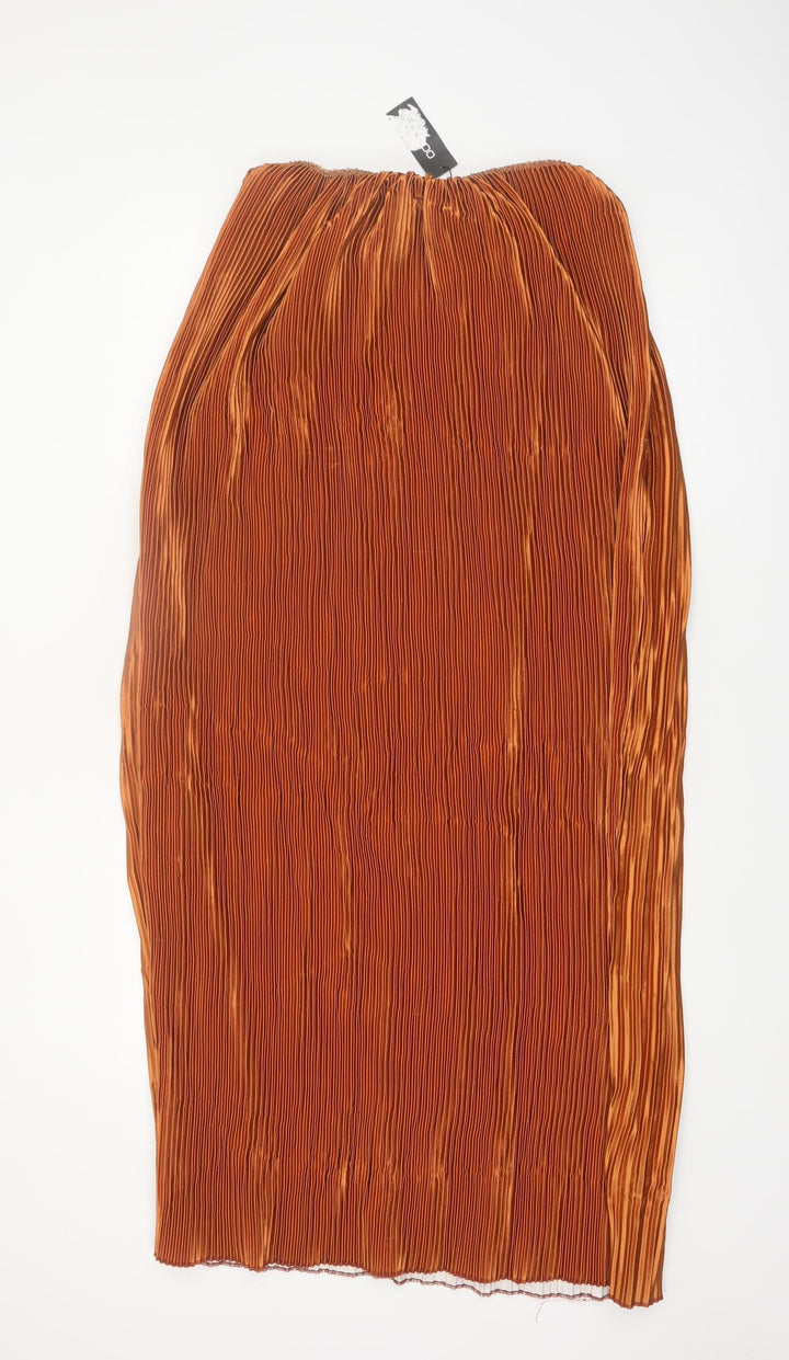 Boohoo Women’s Brown Pleated Satin Midi Skirt Size 14 Elastic Waist