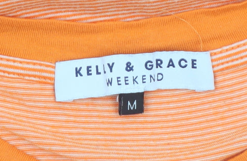 Kelly & Grace Womens Orange Striped Crew Neck Short Sleeve T-Shirt Size M