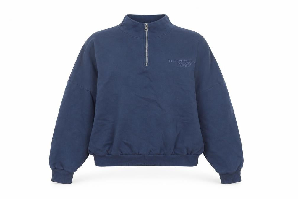Front view of PRETTYLITTLETHING Women Blue 1/4 Zip Sweatshirt, size S, Cotton Blend