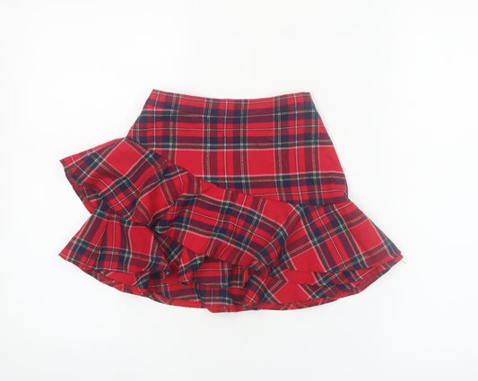 H&M Girls Red Check Ruffle Skirt 6-8 Years Polyester Viscose Blend