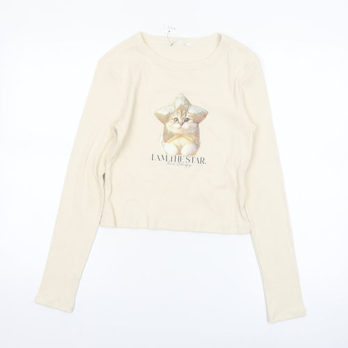 Marks and Spencer Girls Beige Long Sleeve Cat Graphic Cropped T-Shirt 13-14 Years