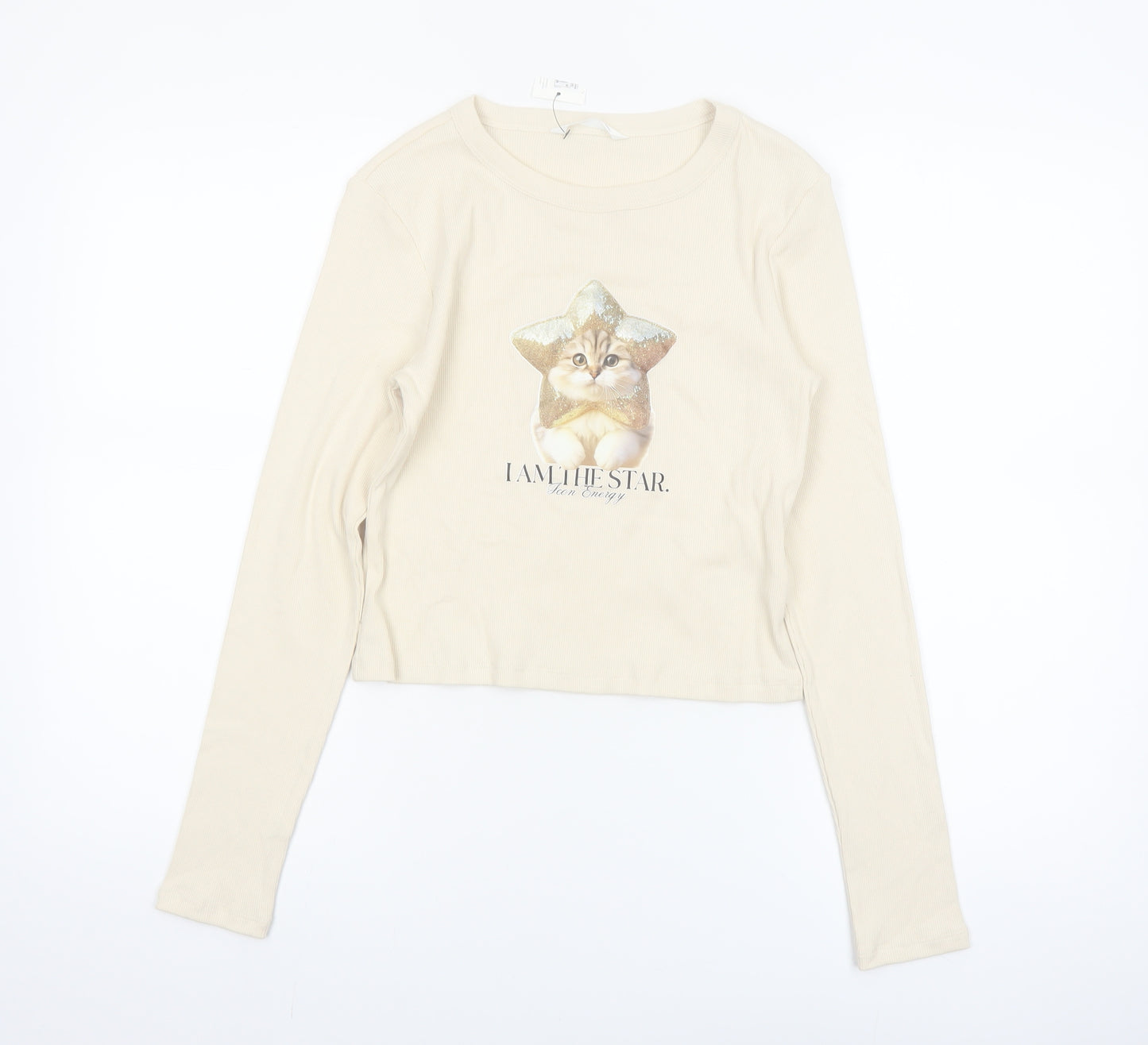 Marks and Spencer Girls Beige Long Sleeve Cat Graphic Cropped T-Shirt 13-14 Years