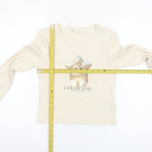 Marks and Spencer Girls Beige Long Sleeve Cat Graphic Cropped T-Shirt 13-14 Years