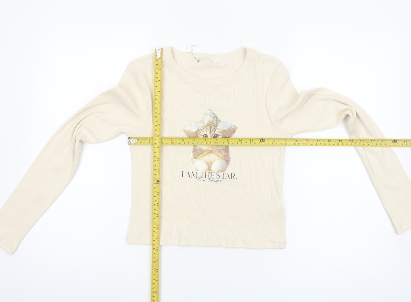 Marks and Spencer Girls Beige Long Sleeve Cat Graphic Cropped T-Shirt 13-14 Years