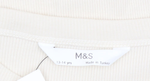 Marks and Spencer Girls Beige Long Sleeve Cat Graphic Cropped T-Shirt 13-14 Years