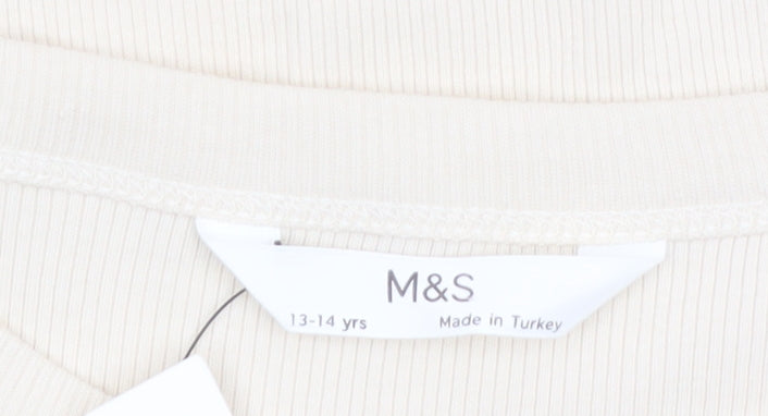 Marks and Spencer Girls Beige Long Sleeve Cat Graphic Cropped T-Shirt 13-14 Years