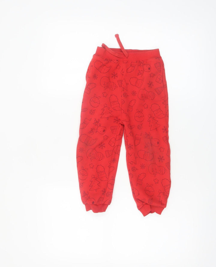 Dunnes Stores Boys Red Christmas Jogger Trousers 3-4 Years Cotton Blend