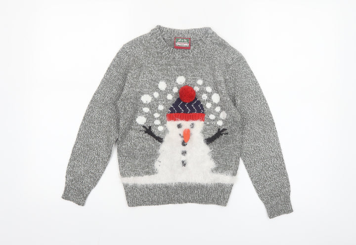 Christmas Shop Boys Grey Knitted Snowman Ugly Jumper 7-8 Years Winter Sweater