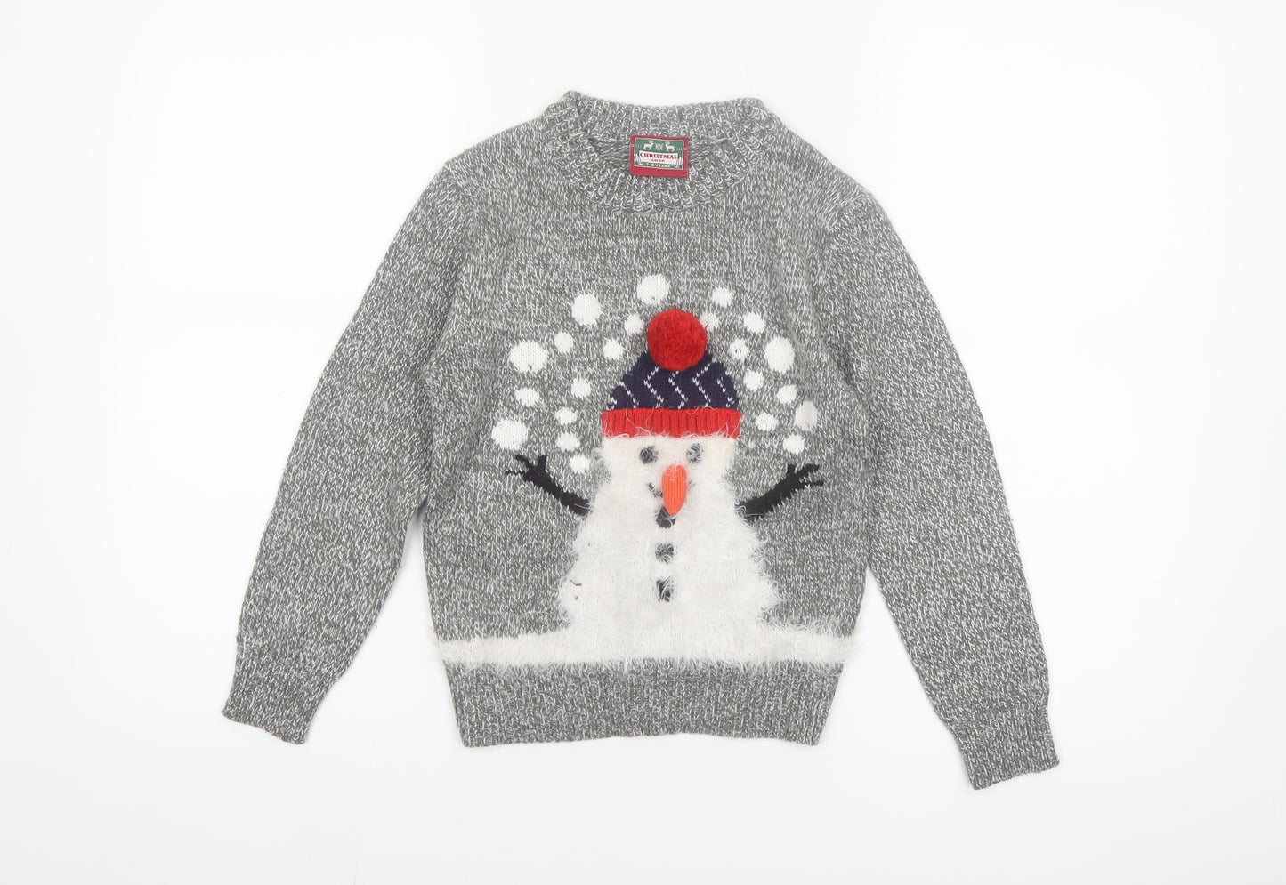 Christmas Shop Boys Grey Knitted Snowman Ugly Jumper 7-8 Years Winter Sweater