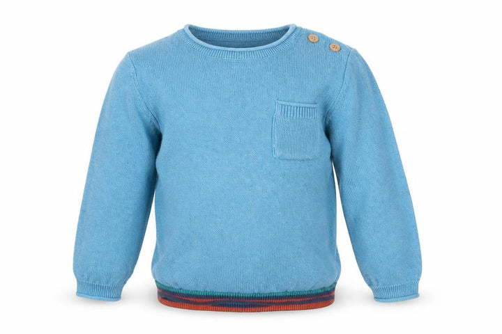 Front view of Next boys’ blue cotton crew neck jumper 2-3 years star elbow detail