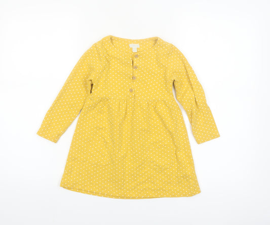 JoJo Maman Bébé Girls Yellow Polka Dot Long Sleeve A-Line Dress 3-4 Years