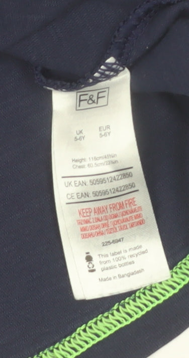 F&F Boys Blue Long Sleeve Dinosaur T-Shirt 5-6 Years Cotton