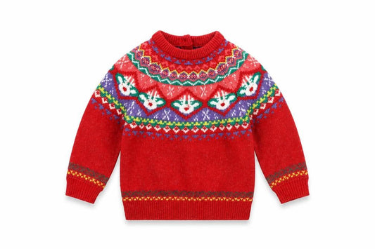 Front view of Dunnes girls’ red fair isle christmas jumper 2-3 years acrylic blend